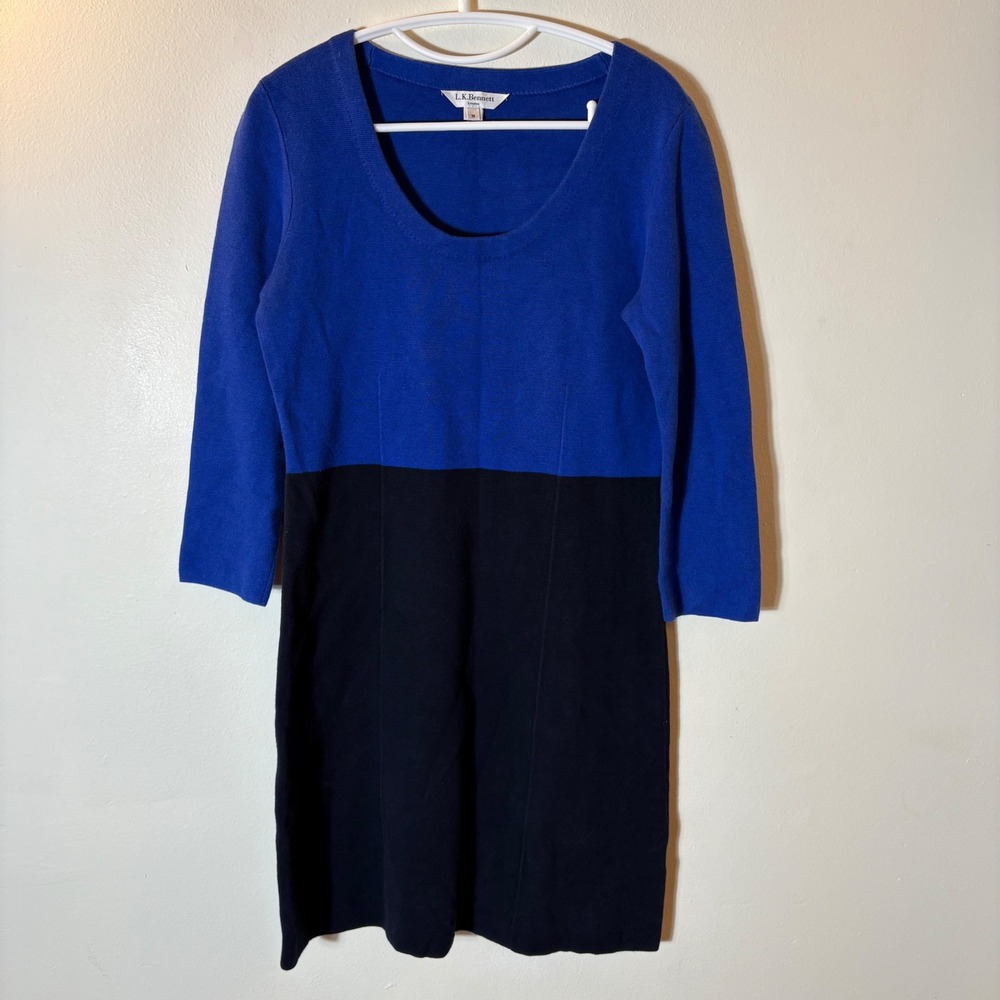 LK Bennett Mellia Colorblock Knit Dress Blue Black 3/4 Sleeve Scoop Neck Medium